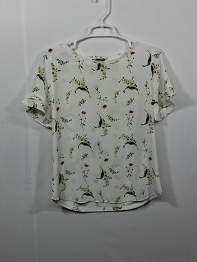 Ann Taylor Factory White Floral Ruffle Sleeve Blouse